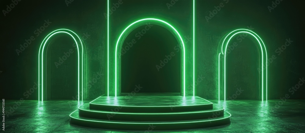 Poster 3d rendered green retro neon podium set against a dark neon wireframe backdrop featuring abstract gl
