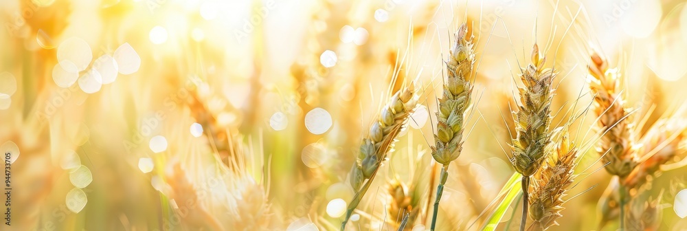 Wall mural Close-up view of mature wheat field featuring hanging panicles.