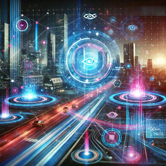 Fototapeta premium High-Tech Futuristic City with Digital Surveillance and Data Networks