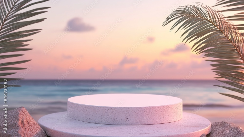 Aufkleber 3D podium with blank space for product showcase set against an abstract background of a sunset beach Concept of summer and vacation Graphic rendering and artistic design