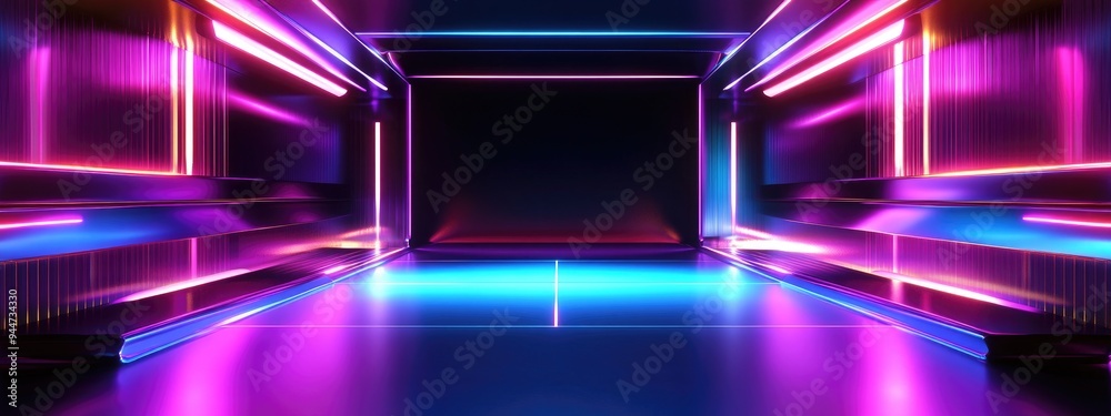 Poster 3D rendering of a neon metal texture on an empty stage set against a futuristic science and technology background