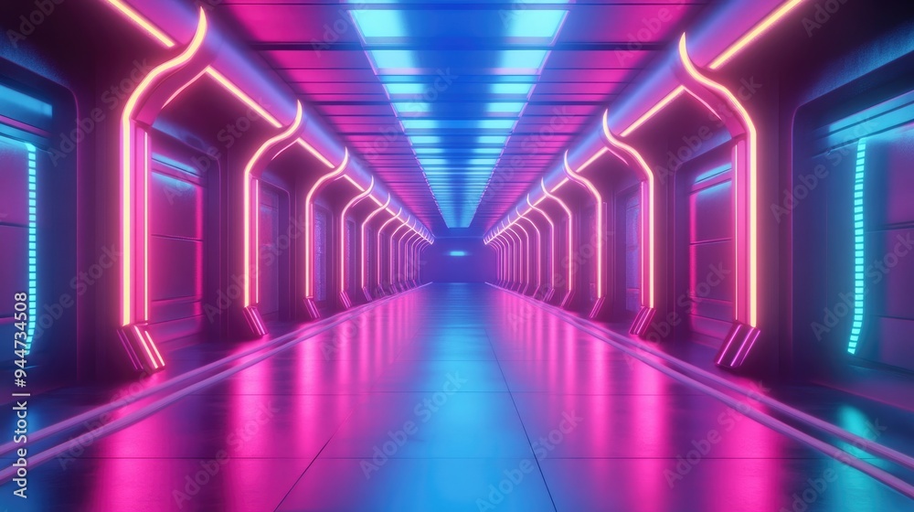 Poster 3d render featuring a vibrant blue pink and violet neon abstract background with ultraviolet lightin