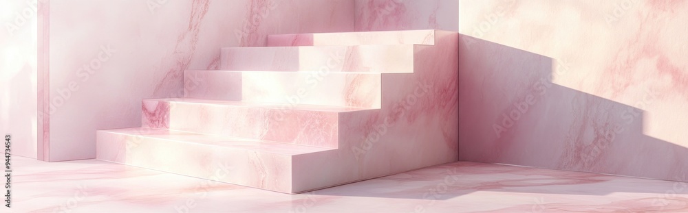 Poster 3D rendering of a stair shaped display stand featuring pink and white colors with a marble texture and a pastel background