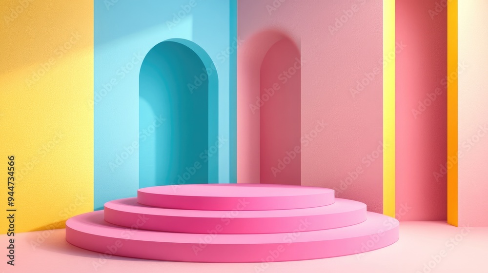 Aufkleber 3d rendering of abstract geometric shapes featuring a podium in pink blue and yellow hues with a min