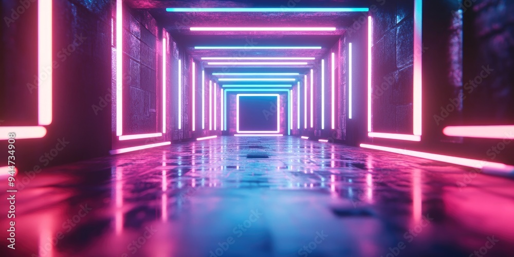 Fototapete 3D rendering of a neon lit tunnel featuring glowing lines an abstract background and a square portal in vibrant pink and blue hues resembling a virtual reality experience with a laser show effect