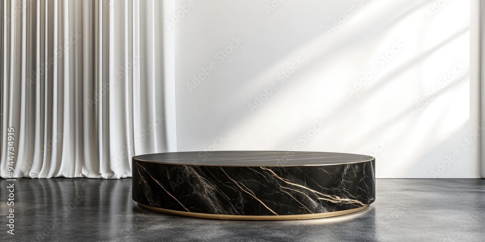 Aufkleber 3d rendered background featuring a black marble cylinder table with a curved gold line design agains