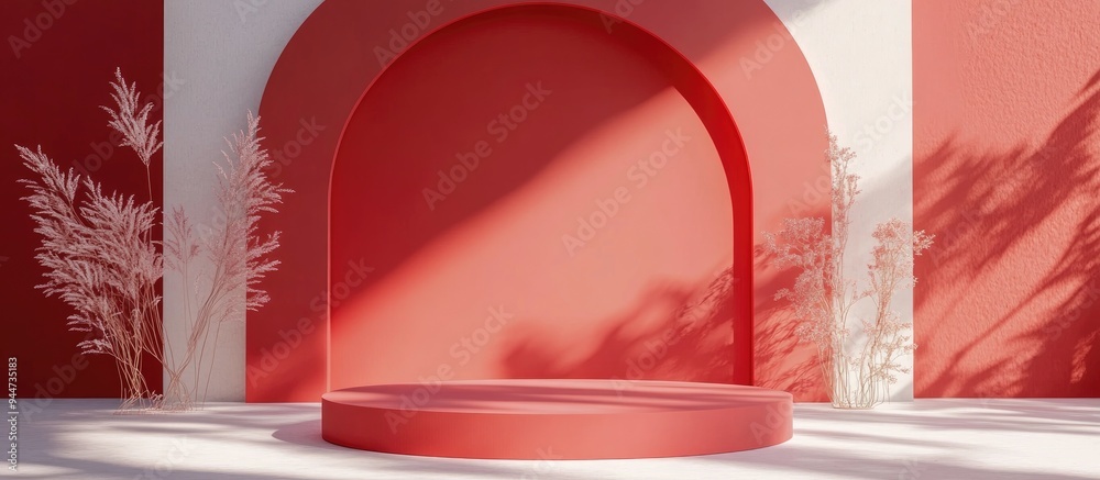Aufkleber 3D rendering of a minimalist display backdrop for cosmetic products featuring a sleek red podium