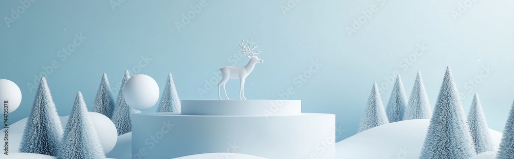 Aufkleber 3d rendering of an abstract holiday scene featuring a blue background and a white podium with a rein