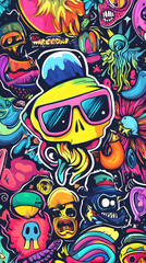 Fototapeta premium A bold and colorful y2k sticker collection, showcasing quirky skulls, vibrant patterns, and abstract designs, perfect for adding a unique pop art flair to any creative project.