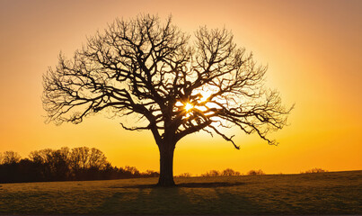 Fototapeta premium A lone tree stands silhouetted against the setting sun in a field