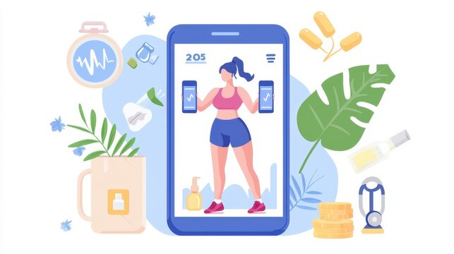 Woman Using Fitness App on Smartphone with Healthy Lifestyle Symbols