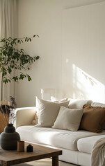 sunlit minimalist interior design living room, with furniture and blank white textured wall 
