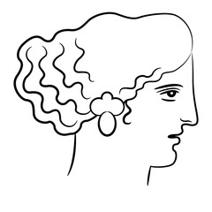 Head of a beautiful Ancient Greek woman or goddess. Portrait go antique lady in profile. Black and white linear silhouette.