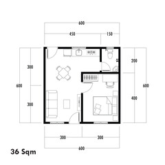 Floor plan blueprint type 36 sqm, Figure of the jotting sketch of the construction and the industrial skeleton of the structure and dimensions. vector eps 10