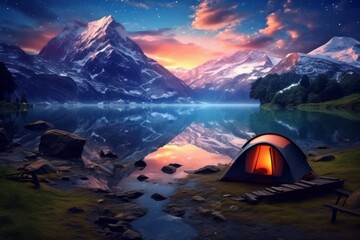 Stellar Serenity Camper and Tent on a Celestial Lake