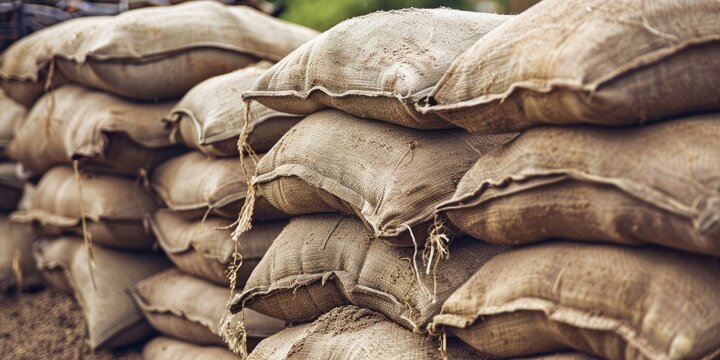 Close up of sandbag wall for flood defense or military purposes Pile of bags