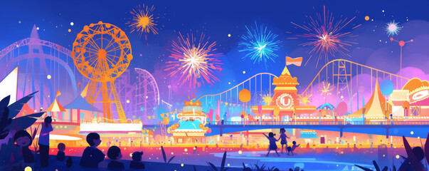 A vibrant amusement park scene illuminated by fireworks, featuring ferris wheel and roller coaster, evokes sense of joy and celebration.