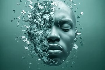 Digital Representation of a Man&rsquo;s Face Dissolving into Particles Symbolizing the Fragmentation of Memory Identity Loss and the Erosion of the Human Mind in a Futuristic Conceptual Context