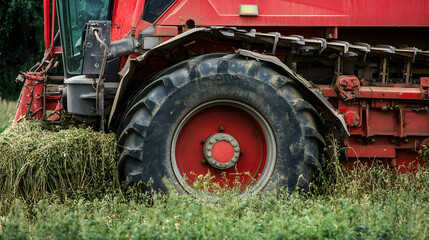 Obraz premium Red Tractor Working in Grassy Farm Field