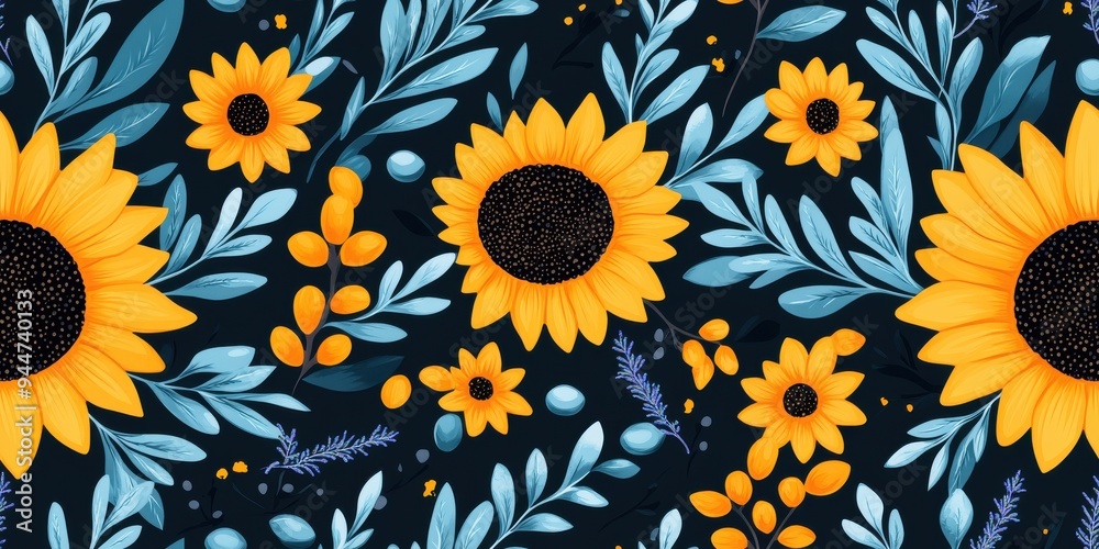 Poster Vibrant Sunflower and Blue Leaf Pattern on Dark Background, Perfect for Nature-Themed Designs and Home DÃ©cor Ideas