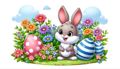 Cartoon image of Easter bunny with Easter eggs in the flowers garden 