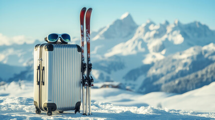 Ski equipment, including skis and a luggage, stand next to a charming mountain lodge under the radiant rays of the morning sun, depicting a promising start to a ski trip.