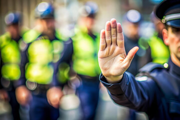 Police Officer Hand Stop Sign Warning Blurred Crowd