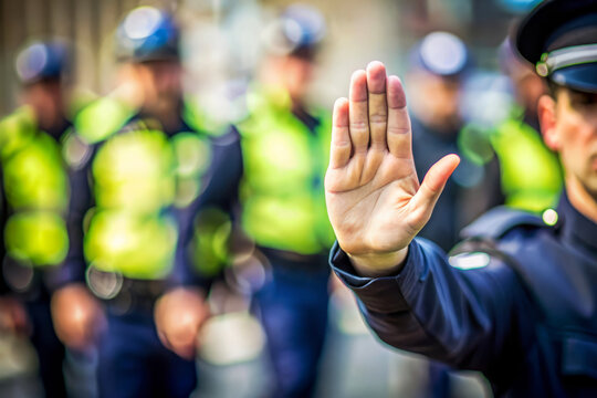 Police Officer Hand Stop Sign Warning Blurred Crowd