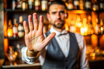Bartender Holding Out Hand, Stop Sign, Blurred Bar Background.