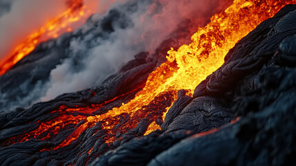 Fiery lava cascading down rugged rocks, capturing the raw, intense heat and energy of a volcanic eruption.