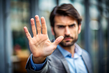Man Showing Stop Sign With Hand. Businessman Saying No.