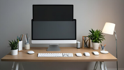 Fototapeta premium Workspace with Blank Computer horizontal indoors internet no people computer monitor copy space office book comfortable concepts creativity elegance fashionable laptop,