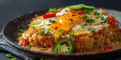 Gravy-Topped Hash Browns with Eggs, Bell Peppers, and JalapeÃƒÂ±os