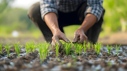 Fototapeta premium Hands Planting Young Seedlings in Fertile Soil with Lush Greenery