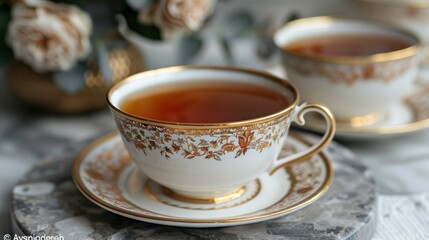Close-Up of a Delicate Teacup with Golden Accents