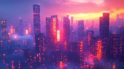 Obraz premium Neon Cityscape at Dusk with Pink and Orange Sky