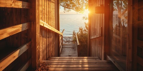 Traditional Finnish summer sauna and handmade wooden stairs in the archipelago