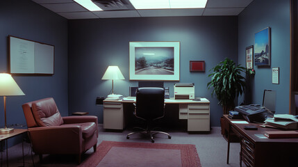 A neatly organized corporate office with modern furniture, computer desk, and comfortable seating under ambient lighting.