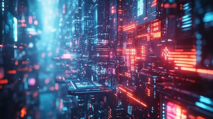 Futuristic Cyberpunk Cityscape with Neon Lights and Data Streams