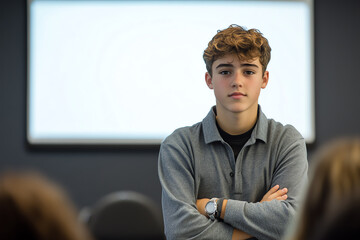 Confident young man stands in front of a classroom, delivering a presentation with a serious look and crossed arms.