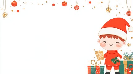 Fototapeta premium Cute Boy in Santa Hat with Christmas Ornaments and Gifts