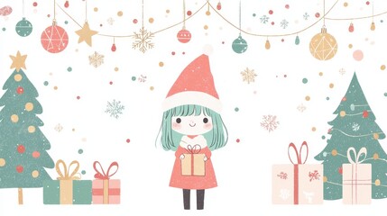 Christmas Girl Holding Gift with Trees and Decorations
