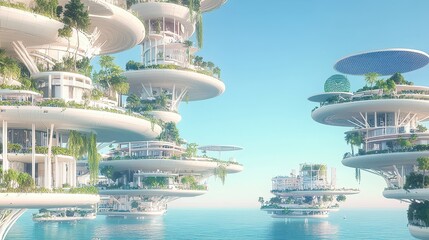 Futuristic Cityscape with Floating Buildings and Lush Greenery