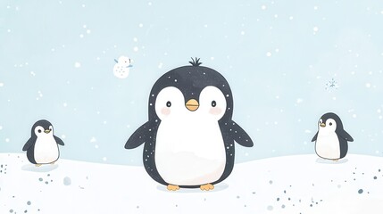 Cute Penguin Illustration in Snowy Landscape