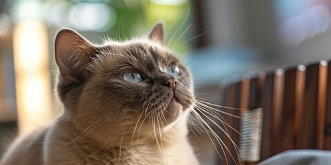 Grooming a Burmese cat with a comb for pet care