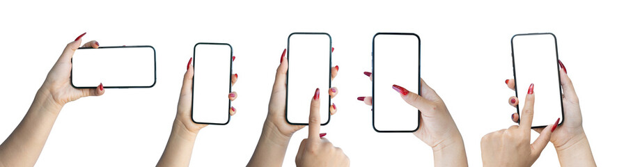 Female hand holding and touching on blank screen mobile phone isolated transparent background, PNG...