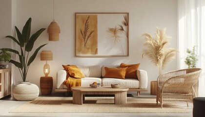 Cozy minimalist living room with warm tones and greenery 2. Generative AI