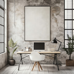 Modern minimalist workspace with a computer, white chair, plants, and framed artwork in an industrial-style room with large windows.