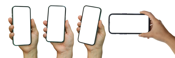 Set of Hands holding smartphone isolated on transparent background - PNG format.