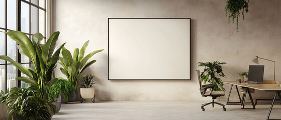 Modern office interior with large window, empty whiteboard, ergonomic chair, desk, computer and lush green plants in natural light.